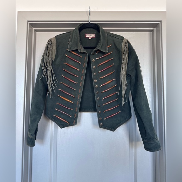 Double D Ranch Vintage Denim Fringe Jacket – Cropped Western Cowgirl M - Picture 3 of 16